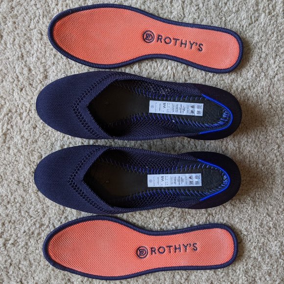 Rothy's retired Navy Blue Honeycomb Design Flats with Coral Insole - Picture 9 of 11